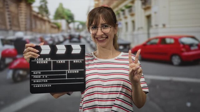 Woman holding a film clapperboard and flashing a peace sign on a city street, smiling and laughing while wearing glasses and striped shirt; joy celebration.