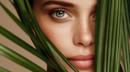 Naklejka premium Attractive woman with flawless skin and minimal makeup holding tropical foliage