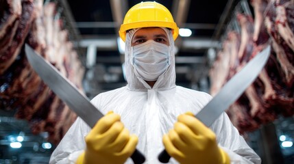 Meat worker stands with two knives dressed in protective gear in front of a large processing facility