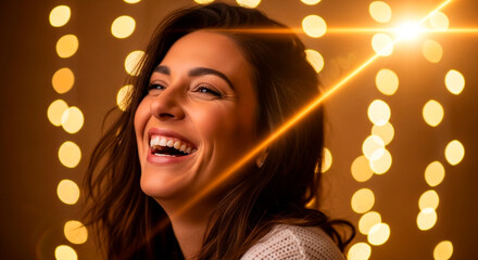 A woman smiles and laughs with her mouth open, seemingly genuinely happy and carefree, with warm, inviting bokeh lights behind her.