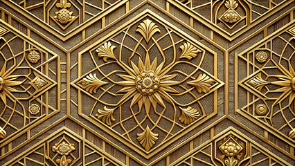 Intricate Islamic Geometric Patterns: Vibrant Motifs and Symmetrical Designs for Unity and Divine Reflection, art, building, stone, wall, gold, style, mosque, arabic, door