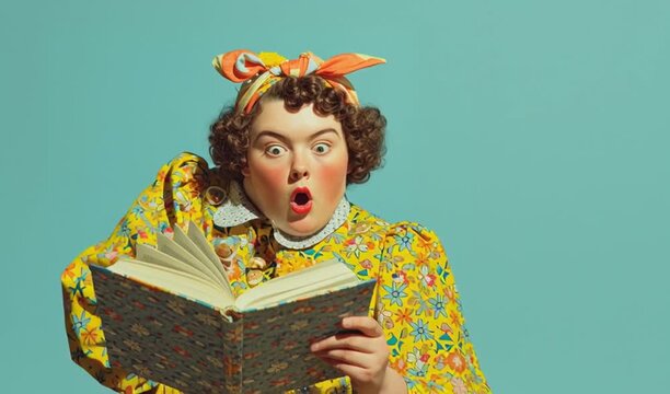 Retro plus-size woman in vintage floral dress reading oversized book with shocked wide-eyed reaction, humorous cinematic video perfect for advertising, branding, storytelling