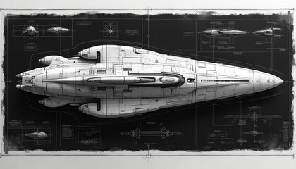 Illustration of a spacecraft blueprint design. The photo shows detailed drawings of a sci-fi spaceship on a black background. Design includes different views and components.