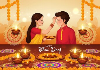 Sacred Bhai Dooj Scene Sister Performing Ritual Prayer in Front of Brother Surrounded by Bright Diyas Lotus Flowers Golden Cloth Backdrop Capturing Spiritual Light and Sibling Bond in Vibrant Colors