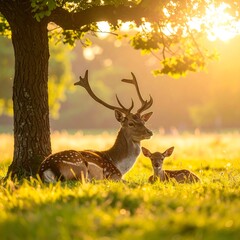 Deer adult with young fawn in warm sunlight