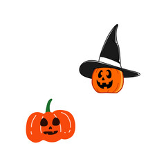 Cute Halloween Pumpkin with Witch Hat on Transparent Background Vector Illustration. Perfect for seasonal decorations, invitations, stickers, and autumn - themed projects