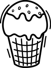 A cute ice cream cone. Sweet food. Vector illustration, hand-drawn in the style of doodles. Perfect for various designs, postcards, decorations, logos, menus.