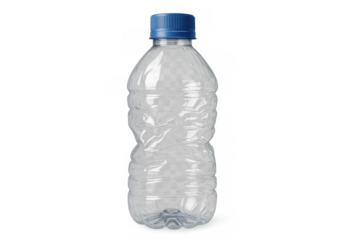 Crumpled plastic bottle with blue cap, illustrating environmental waste, recycling, and sustainable living concepts