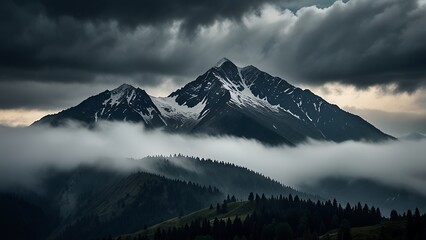 Realistic HDR cinematic view of a mountain ridge covered by heavy clouds with mist swirling around sharp peaks
