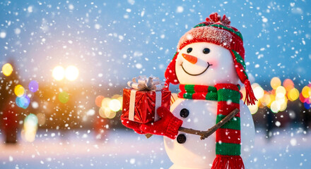 A festive snowman with a colorful hat and scarf stands in the snow, holding a shiny, wrapped present, ready to spread holiday cheer.