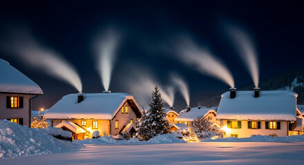 Charming winter village at night, houses covered in snow, smoke rising from chimneys, warm glow from windows, peaceful, starry sky.