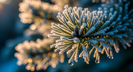 Close-up of frost-covered evergreen branch with water droplets glistening in the light, captures the beauty of winter's icy touch.