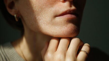 An individual has flaky dry skin on their chin indicating a need for skincare likely in indoor daylight