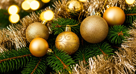 A festive tableau of golden Christmas ornaments resting on evergreen boughs, twinkling lights adding a warm and inviting ambiance.