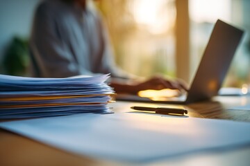 Work session at home with laptop and paperwork in warm evening light creating a cozy atmosphere