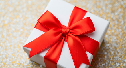 Close-up of a pristine white gift box adorned with a vibrant red ribbon, set against a glittering gold backdrop. It is a celebration of joy.