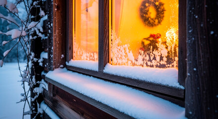 Cozy winter scene: a snow-covered window reflects warmth from within, creating a serene and inviting ambiance against the snowy outdoors.
