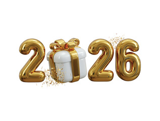 2026 Happy New Year 3d render concept of gift box with 2026 Golden metal number 3d render vector illustration
