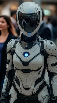 A woman in a white and black robot suit stands in front of a crowd of people. The robot suit is equipped with a helmet and a blue heart