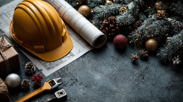 Christmas decorations, gifts, fir branches, blueprint, measuring tool and hard hat lying on a gray surface, celebrating christmas holidays in the architecture and construction industry