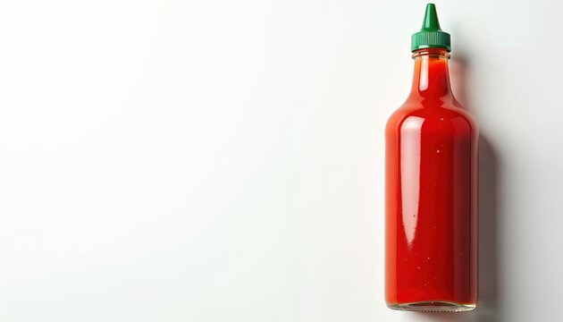 Bright red sriracha hot sauce bottle on white background. Close up photo of the iconic Asian chili garlic condiment. Culinary shot of the spicy ingredient on a white backdrop.