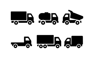 Silhouette icons of various trucks: tanker, dump, and box models for business and transport designs
