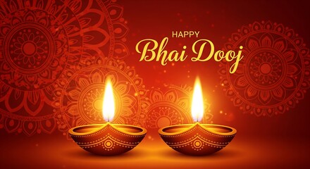 Sacred Bhai Dooj Scene Sister Performing Ritual Prayer in Front of Brother Surrounded by Bright Diyas Lotus Flowers Golden Cloth Backdrop Capturing Spiritual Light and Sibling Bond in Vibrant Colors