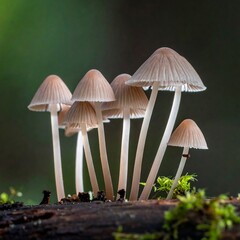 Delicate mushrooms clustered together on a mossy log with blurred forest backdrop
