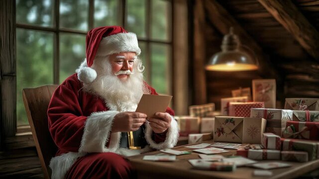 Santa organizes presents and enjoys reading letters in a warm and inviting workshop during the festive season