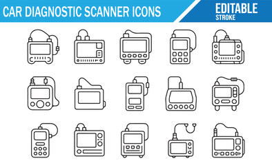 Black and white car diagnostic equipment symbols for service illustration