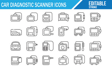 Modern outline icons of vehicle diagnostic scanners and testing equipment