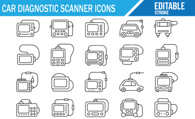 Editable stroke automotive repair scanner icons for workshop illustration