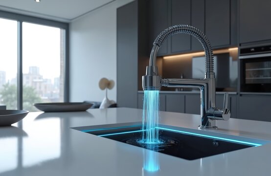 Modern kitchen interior with sleek design features touchless faucet. Futuristic chrome faucet pours water. Smart home appliance tech makes kitchen minimalist. Advanced kitchen design with innovative
