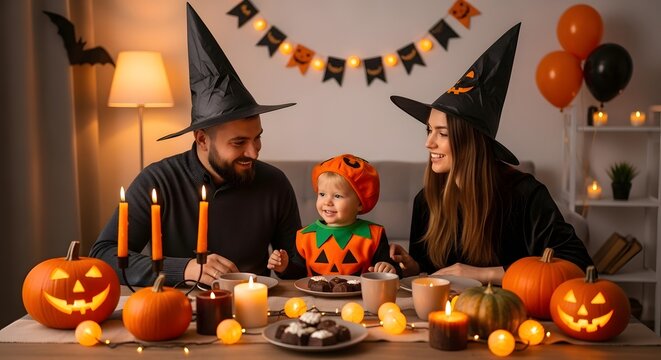 Family celebrating halloween with witch hats and pumpkin costumes at a decorated table indoors at night - Powered by Adobe