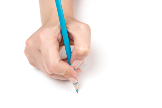 Female hand holding blue pencil, writing gesture on transparent background. Concept of drawing, education, creativity, and business planning. Isolated cutout for design use. - Powered by Adobe