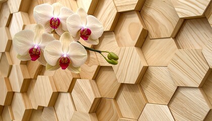 Delicate orchid blossoms adorn a textured wooden honeycomb background