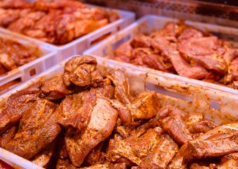  Raw pork ribs marinated in jamaican jerk seasoning. Pork ribs fresh cuts of meat grilling and barbecue