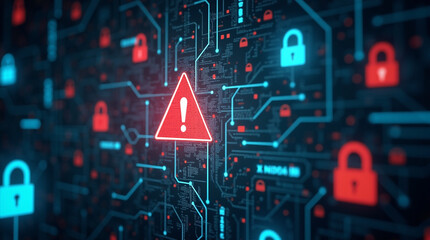 Cybersecurity alert with virtual warning signs