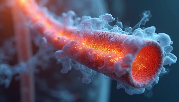 Inflamed respiratory airway with narrowed lumen. Smoke like particles surround tube interior showing disease process. Medical microscopic cellular structure illustration.