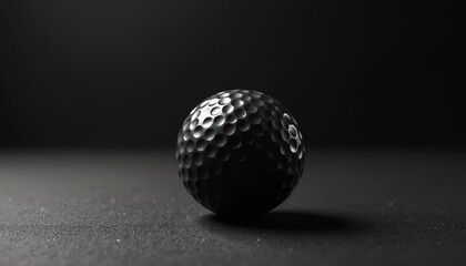 Black golf ball on dark background. Golf ball has dimpled surface. Ball is round and used for golfing. Golf equipment for sport game. Closeup view of golf ball texture.