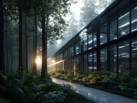 Sustainable data center integrated in a lush forest, combining technology and ecology for a green energy future.