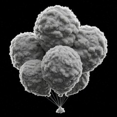 A cluster of fluffy, textured spheres resembling balloons, rendered in grayscale against a stark black background.