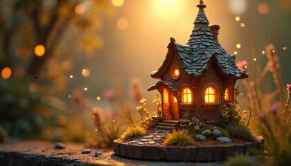 Fototapeta premium Miniature cottage with glowing windows surrounded by nature. Warm light shines through. Fairytale, dreamlike scene evoking magic. Artistic render for fantasy illustration projects