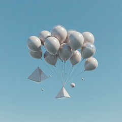A cluster of white balloons floats serenely in a clear blue sky, carrying small geometric pyramids.
