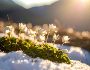 Delicate white blossoms emerging from snow with soft sunlight