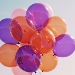 A vibrant cluster of translucent balloons in purple and orange hues floats against a soft blue background, creating a festive and cheerful atmosphere.