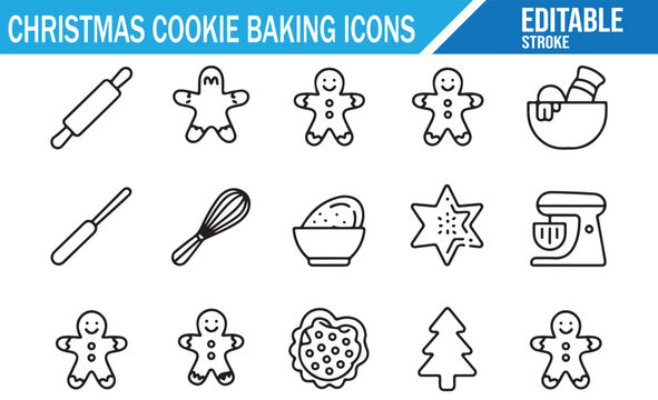 Christmas kitchen utensil and cookie icon pack, vector line illustration