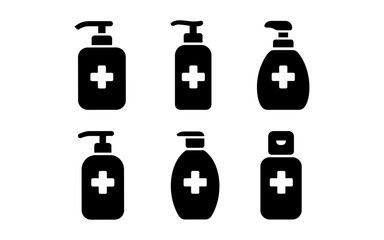 Silhouette icons of hand sanitizer bottles with cross symbols for hygiene and health