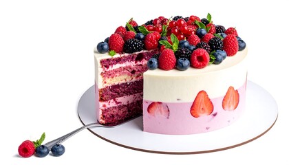 Delicious cake featuring various berries, with one slice removed