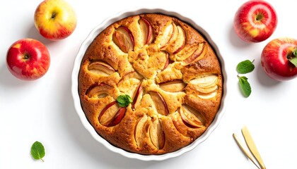 Delicious apple cake in a white dish, surrounded by red apples